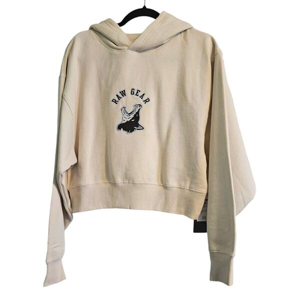 Raw Gear NWT Womens Cropped Hoodie Embroidered Patch Logo Size LG Cream - Picture 1 of 5
